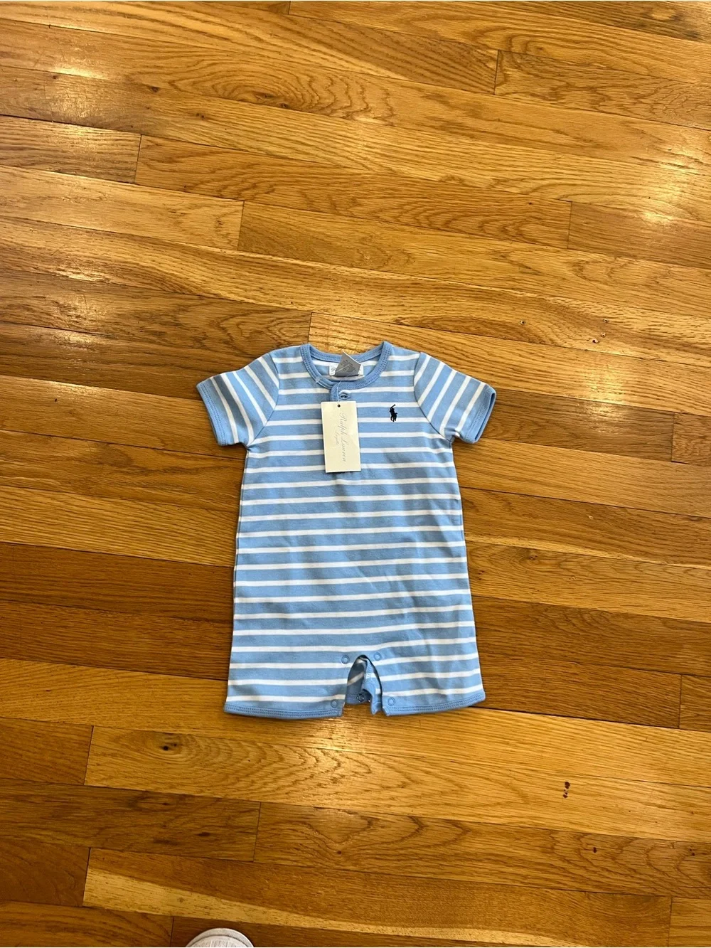 Ralph Lauren Light Blue & White Striped Short-Sleeve Footie